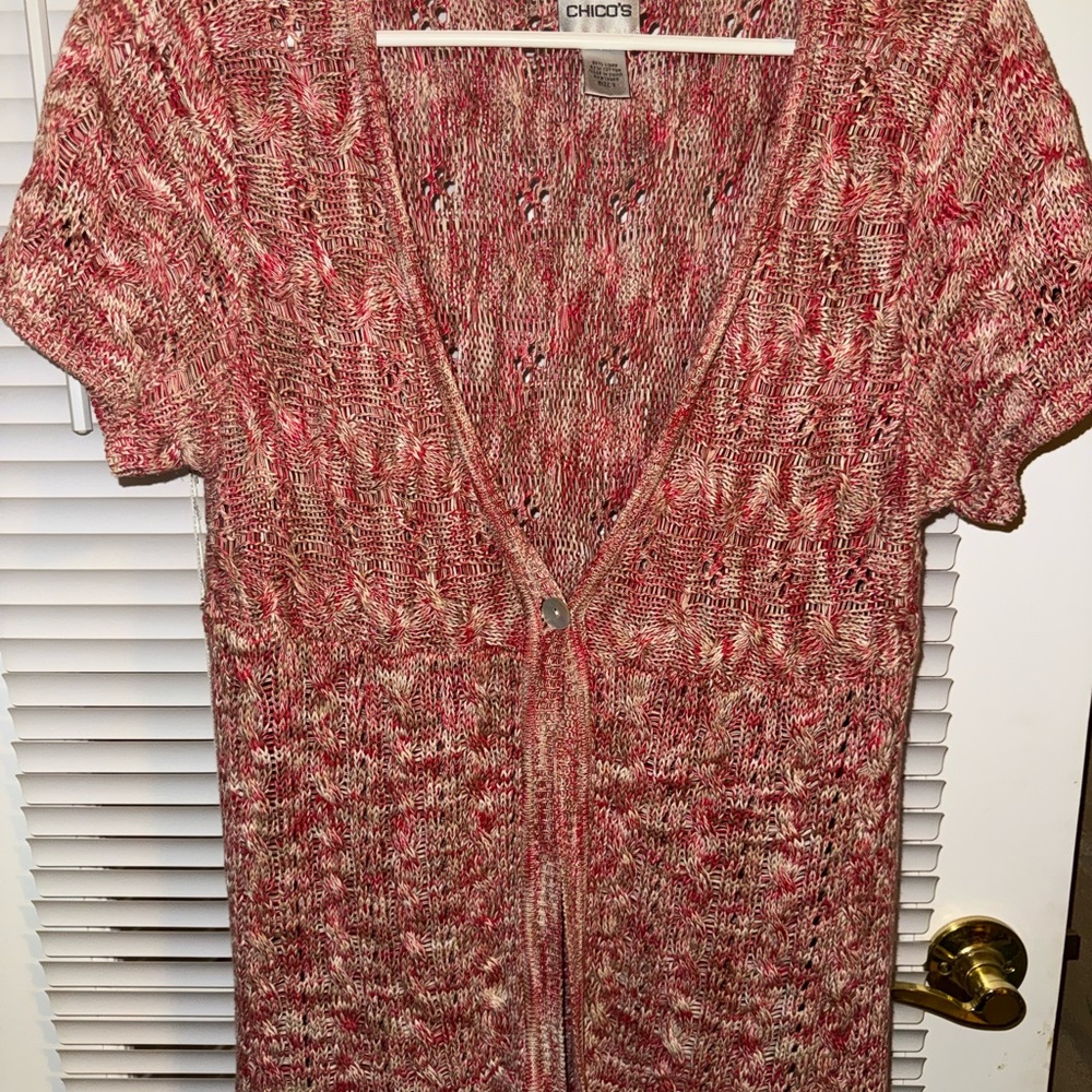 Chico's Coral Cream Multicolor Open-Knit Short Sleeve Cardigan